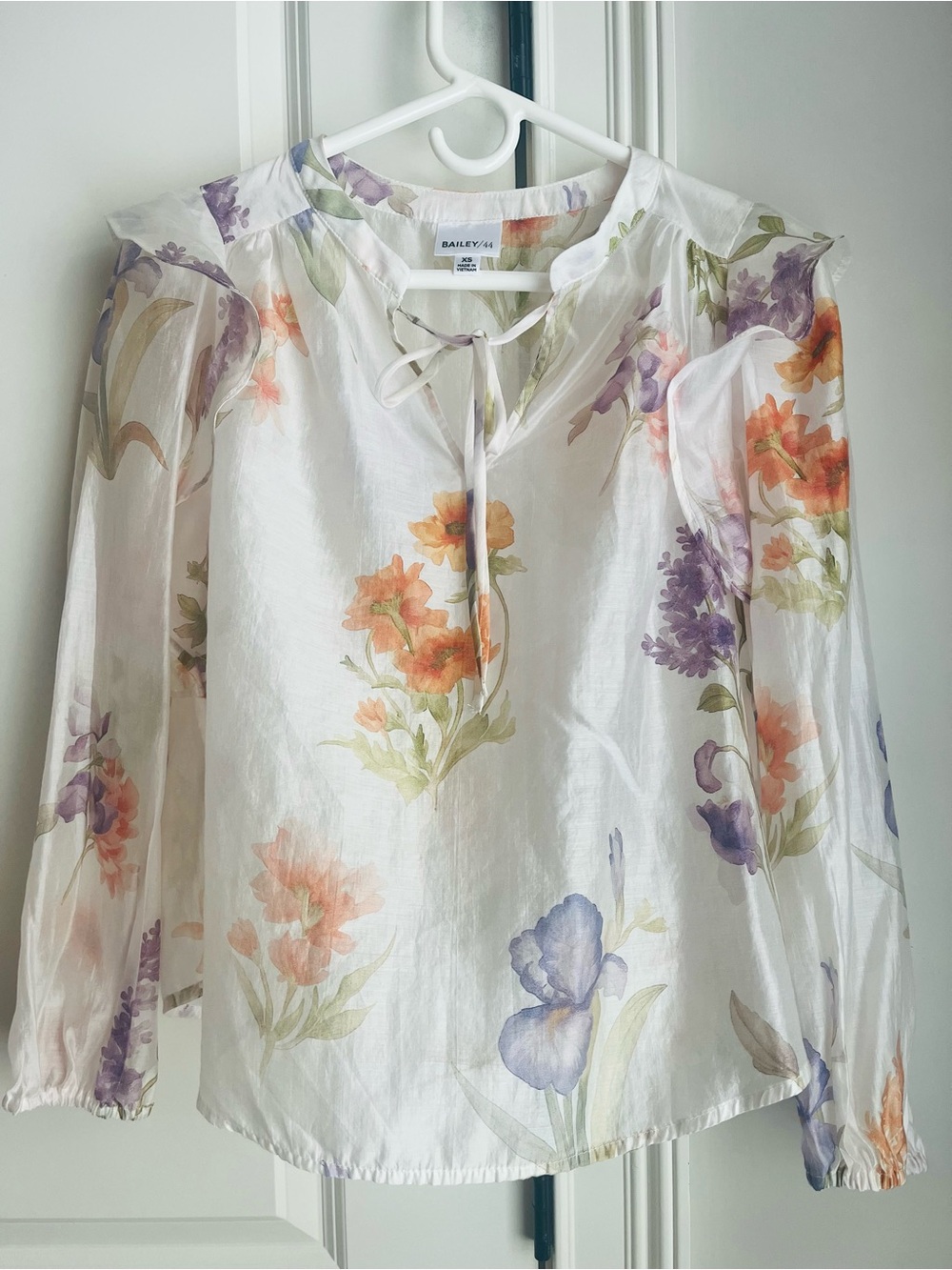 Bailey 44 White Floral Tie-Neck Blouse with Orange & Purple Blooms